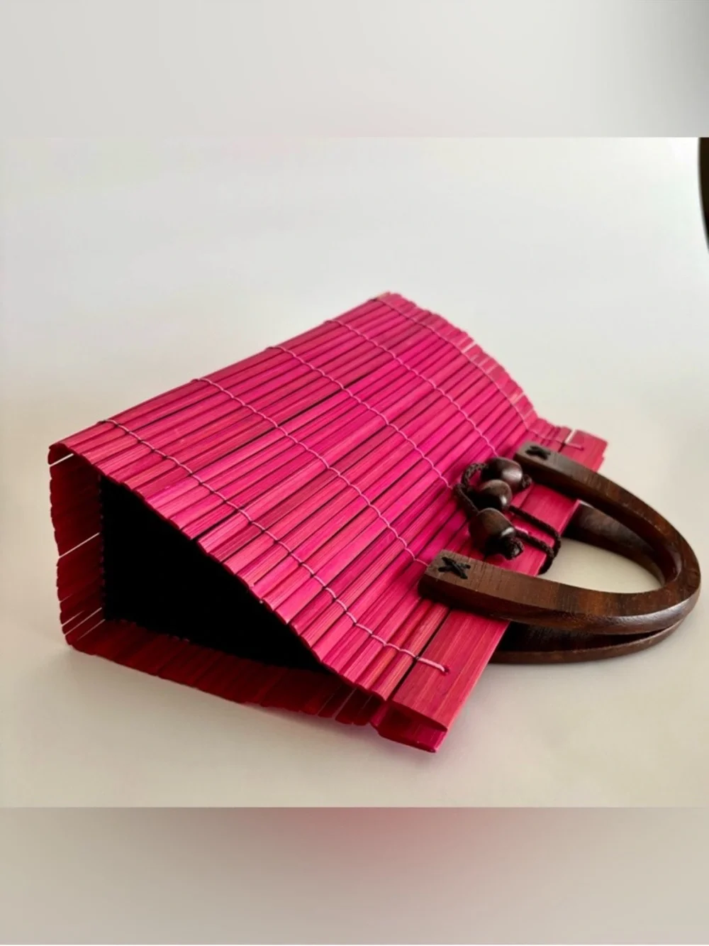 Pink Bamboo Slat Handbag Wooden Handles Boho Resort Bag